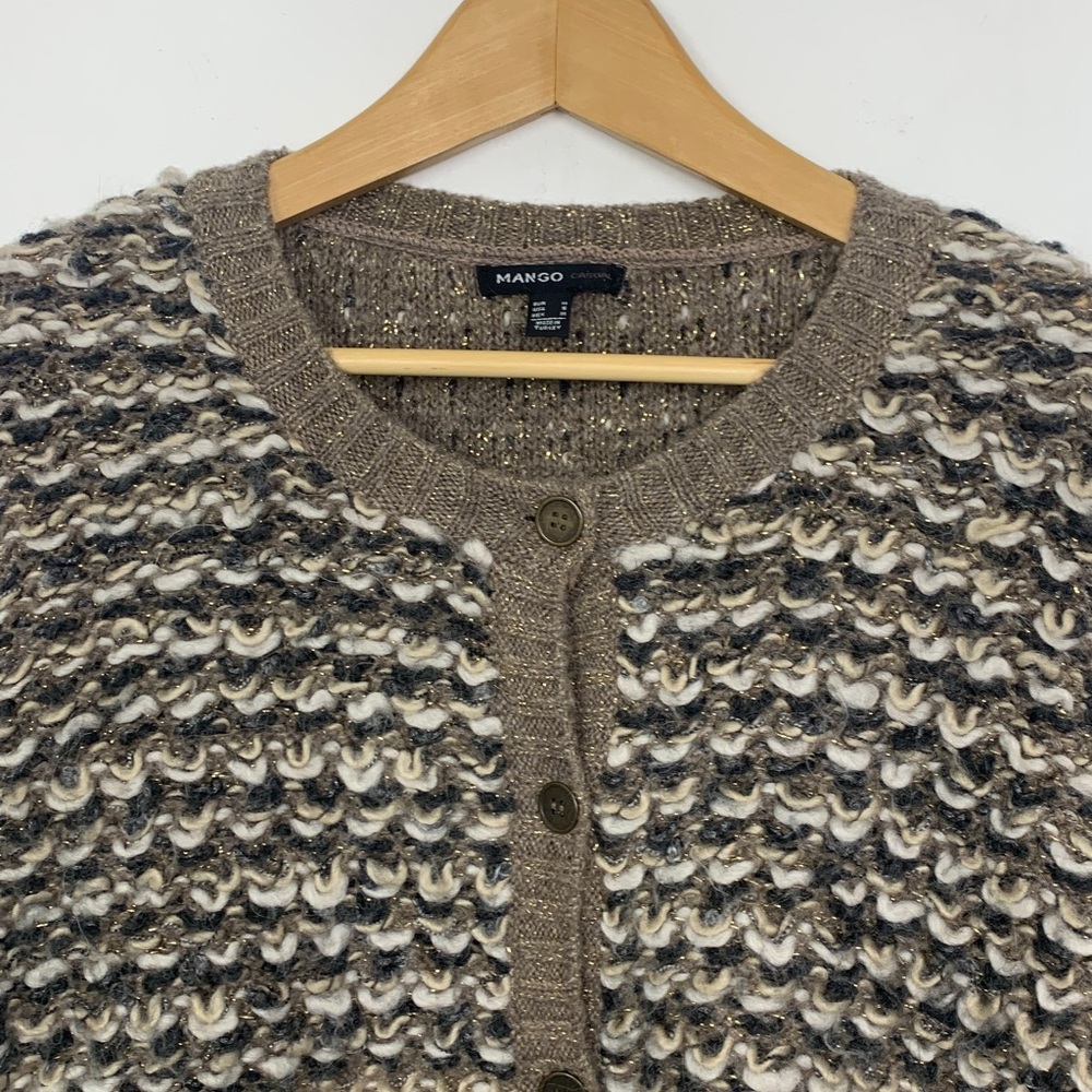 Textured Crochet Knit Button-Front Sweater Cardigan - Brown/Cream - Picture 6 of 10